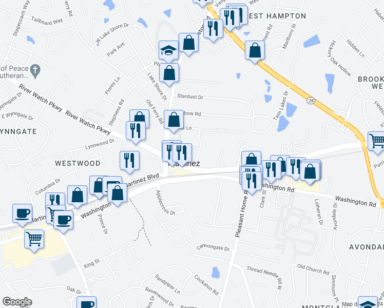 map of restaurants, bars, coffee shops, grocery stores, and more near in Martinez