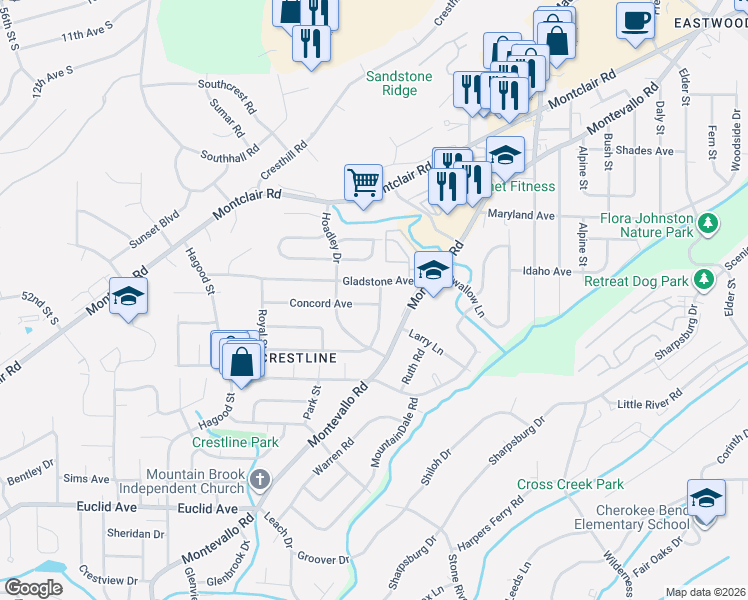 map of restaurants, bars, coffee shops, grocery stores, and more near 1229 Concord Avenue in Birmingham