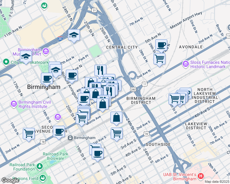 map of restaurants, bars, coffee shops, grocery stores, and more near 109 24th Street North in Birmingham