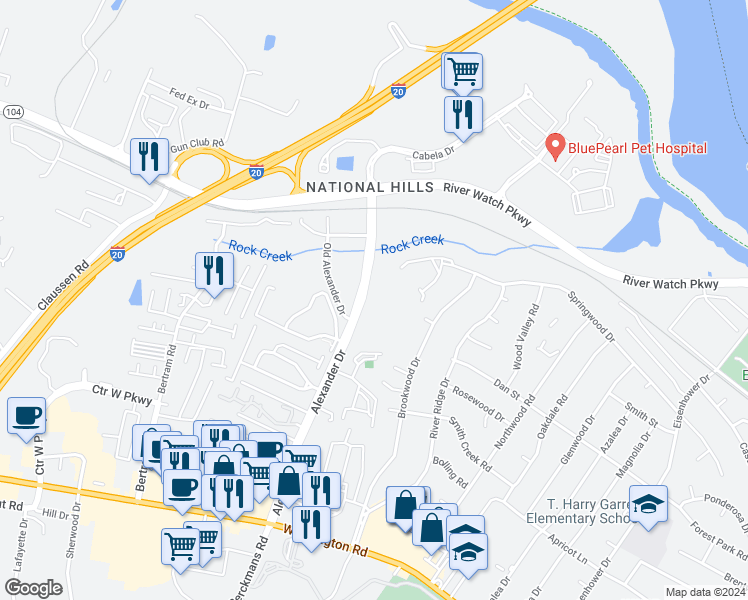 map of restaurants, bars, coffee shops, grocery stores, and more near 1034 Alexander Drive in Augusta