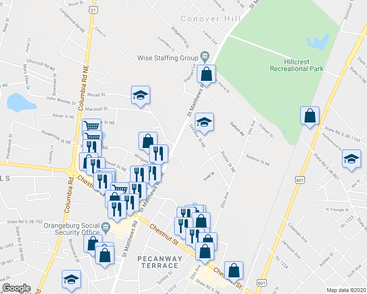 map of restaurants, bars, coffee shops, grocery stores, and more near 1734 Saint Matthews Road Northeast in Orangeburg