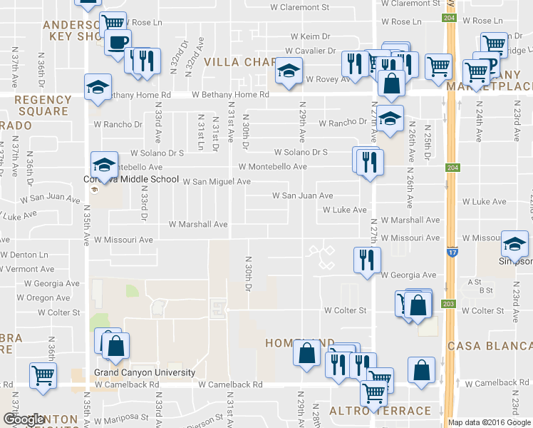 map of restaurants, bars, coffee shops, grocery stores, and more near 3001 W Luke Ave in Phoenix