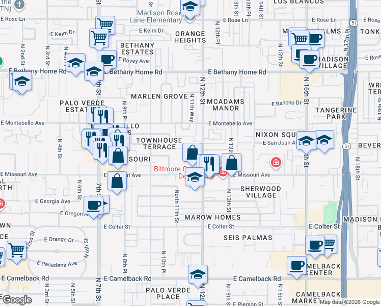 map of restaurants, bars, coffee shops, grocery stores, and more near 1130 East Missouri Avenue in Phoenix