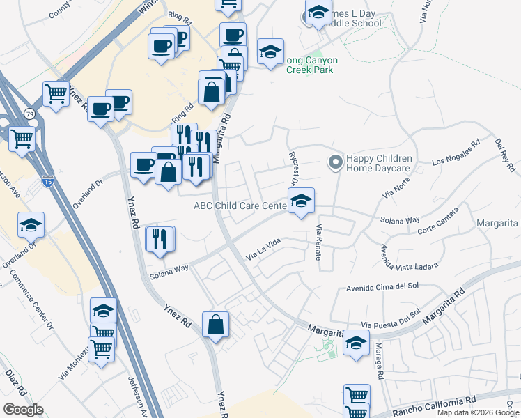 map of restaurants, bars, coffee shops, grocery stores, and more near 41967 Shorewood Court in Temecula