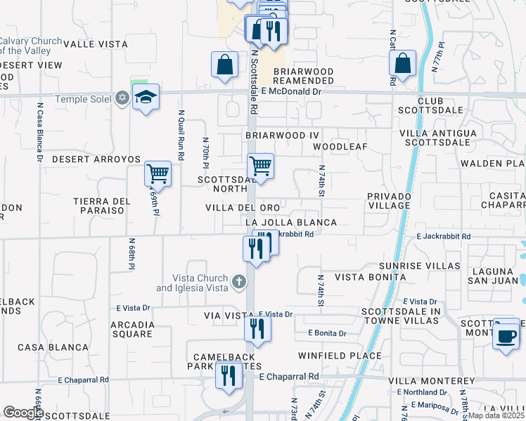 map of restaurants, bars, coffee shops, grocery stores, and more near 7205 East Arlington Road in Scottsdale
