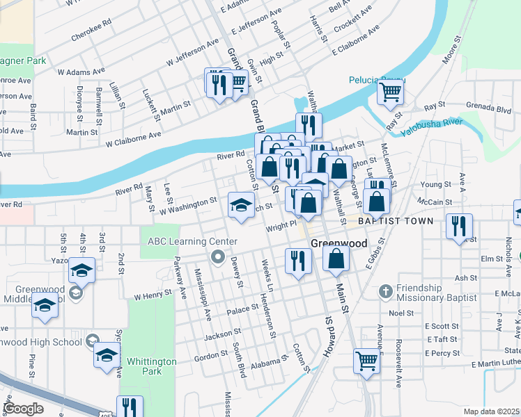 map of restaurants, bars, coffee shops, grocery stores, and more near 400 Cotton Street in Greenwood