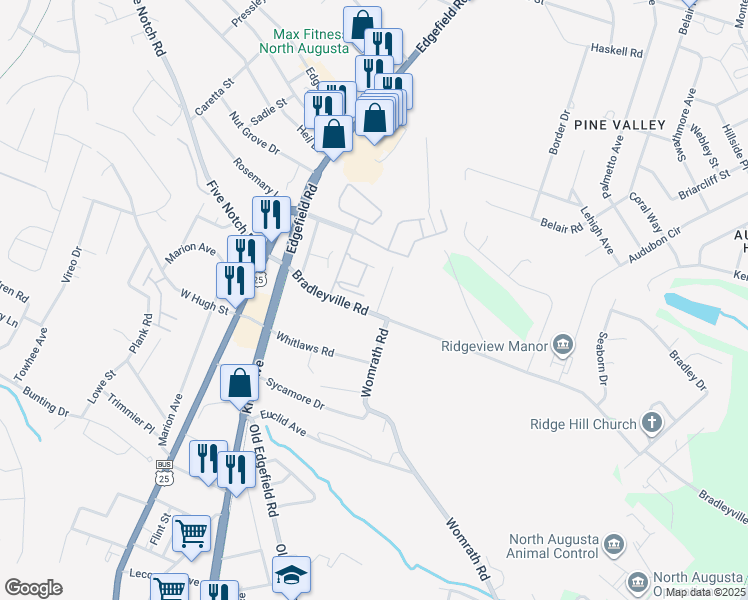 map of restaurants, bars, coffee shops, grocery stores, and more near 101 Chalet North Court in North Augusta