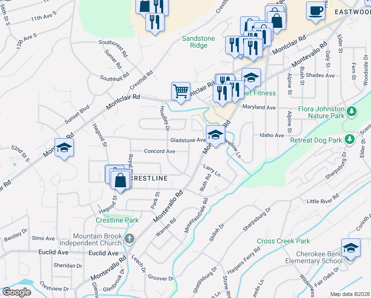 map of restaurants, bars, coffee shops, grocery stores, and more near 1229 Concord Avenue in Birmingham