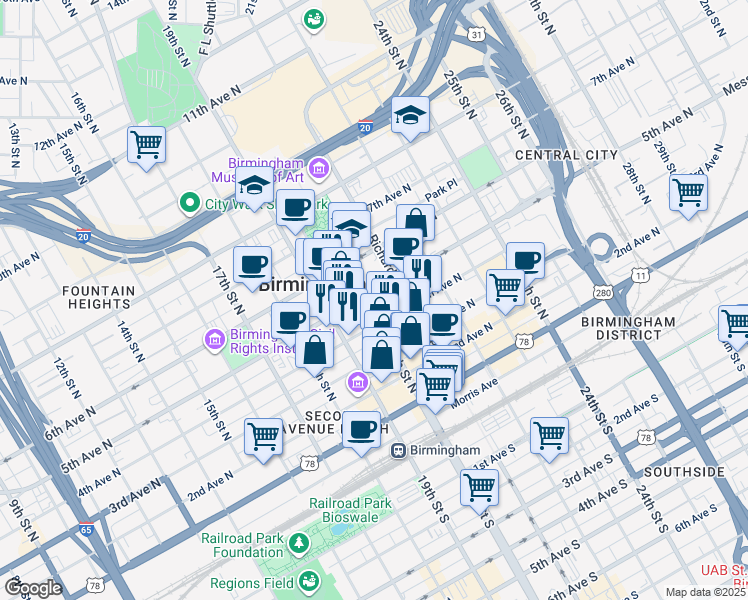 map of restaurants, bars, coffee shops, grocery stores, and more near 420 20th Street North in Birmingham
