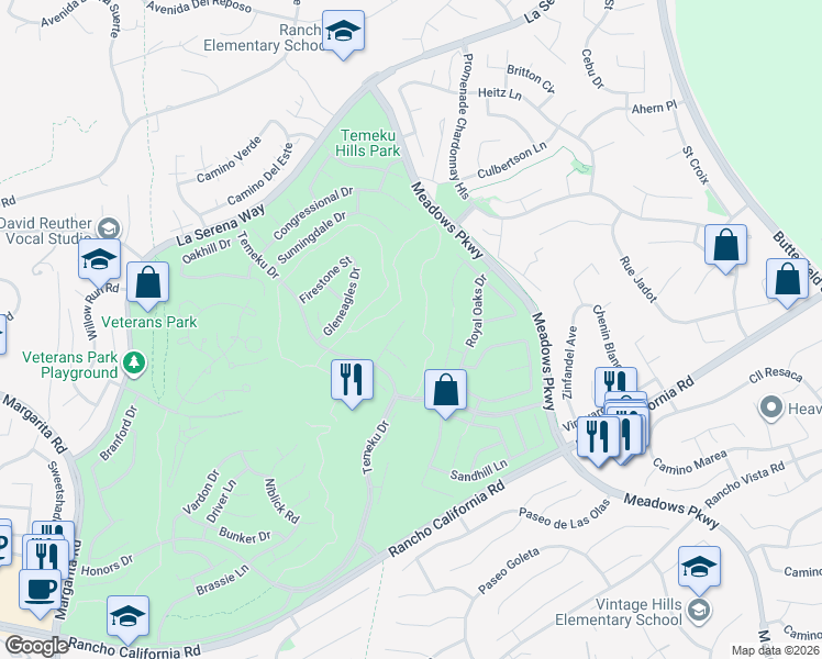 map of restaurants, bars, coffee shops, grocery stores, and more near 41584 Laurel Valley Circle in Temecula
