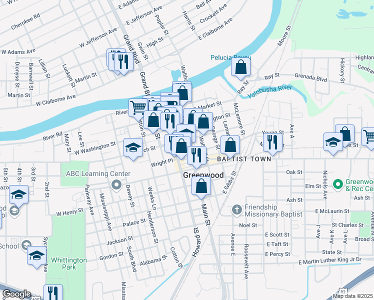 map of restaurants, bars, coffee shops, grocery stores, and more near 410 Main Street in Greenwood