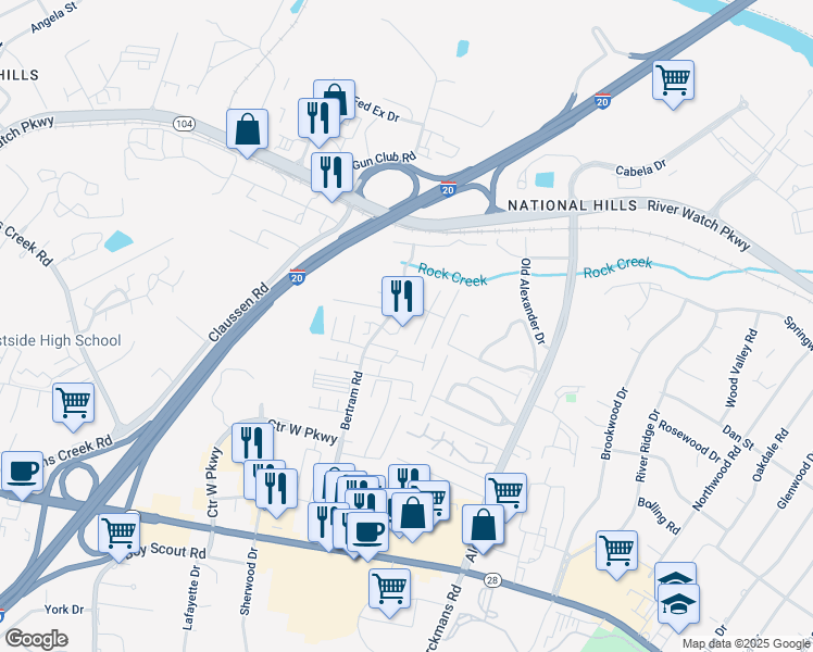 map of restaurants, bars, coffee shops, grocery stores, and more near 2018 Bromley Court in Augusta