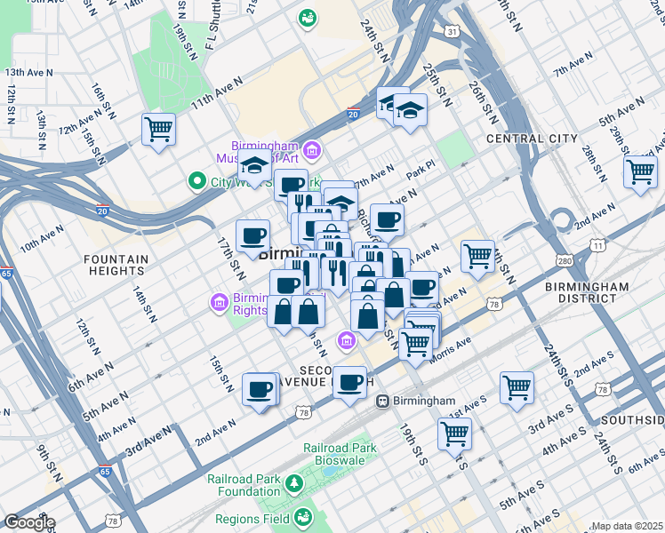 map of restaurants, bars, coffee shops, grocery stores, and more near 1900 5th Avenue North in Birmingham