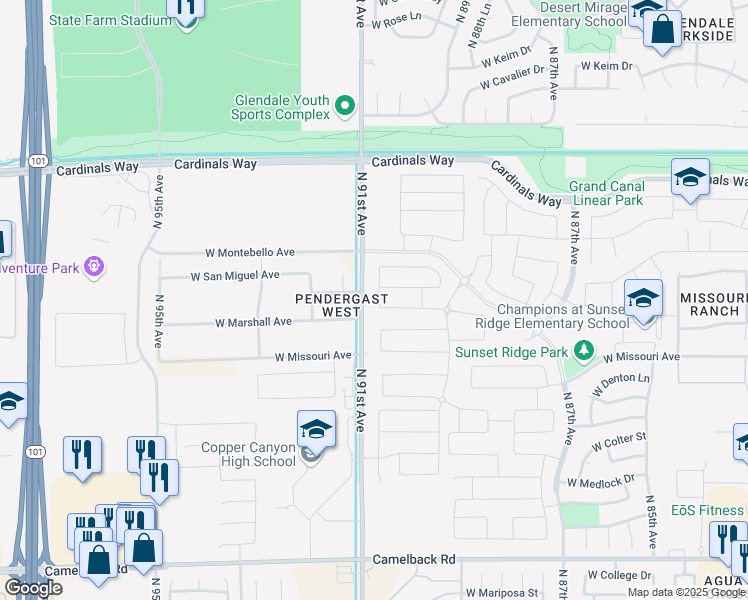 map of restaurants, bars, coffee shops, grocery stores, and more near 9008 West Marshall Avenue in Glendale