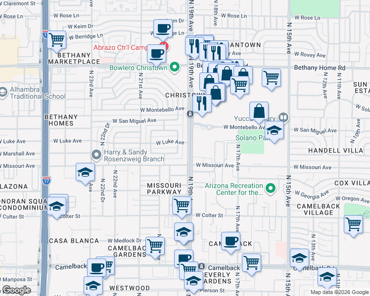 map of restaurants, bars, coffee shops, grocery stores, and more near 5501 North 19th Avenue in Phoenix