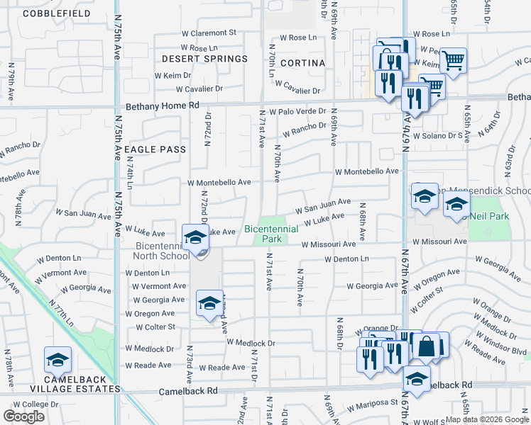 map of restaurants, bars, coffee shops, grocery stores, and more near 5532 North 71st Avenue in Glendale