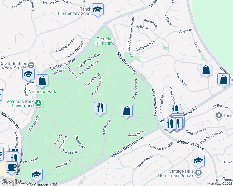 map of restaurants, bars, coffee shops, grocery stores, and more near 41584 Laurel Valley Circle in Temecula