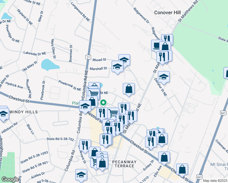 map of restaurants, bars, coffee shops, grocery stores, and more near 1685 Hartwell Street Northeast in Orangeburg
