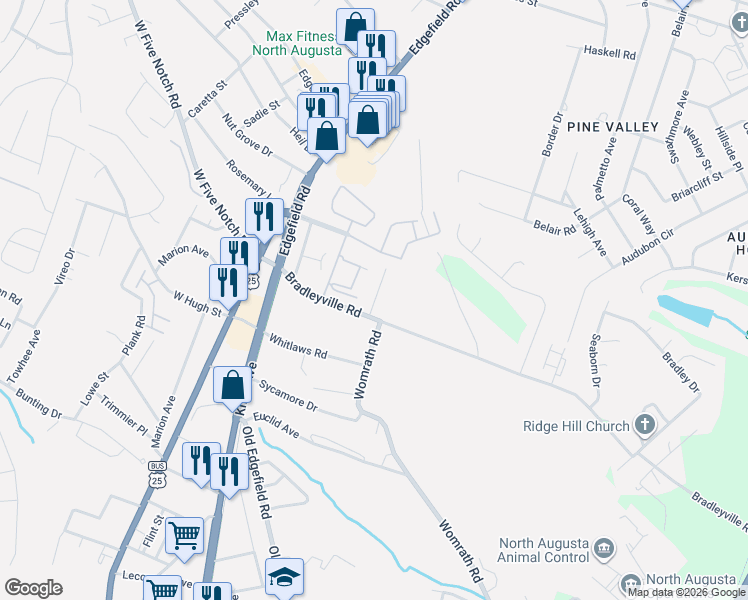 map of restaurants, bars, coffee shops, grocery stores, and more near 101 Chalet North CT in North Augusta