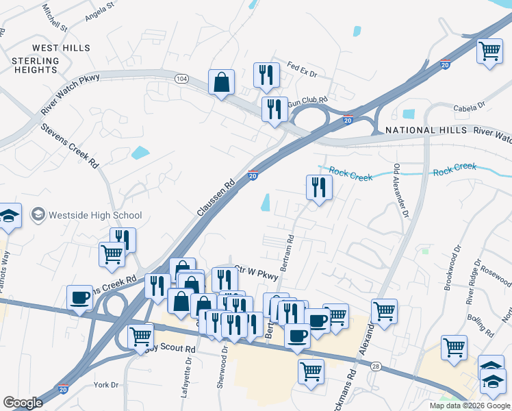 map of restaurants, bars, coffee shops, grocery stores, and more near 2515 Center West Parkway in Augusta