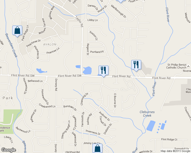 map of restaurants, bars, coffee shops, grocery stores, and more near 88 Flint River Road in Jonesboro