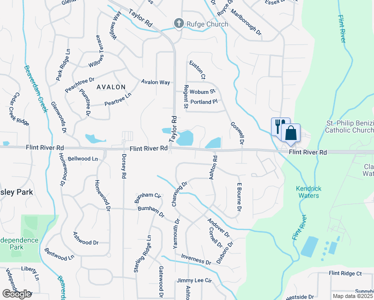 map of restaurants, bars, coffee shops, grocery stores, and more near 8 Flint River Road in Jonesboro