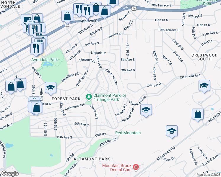 map of restaurants, bars, coffee shops, grocery stores, and more near 801 Linwood Road in Birmingham