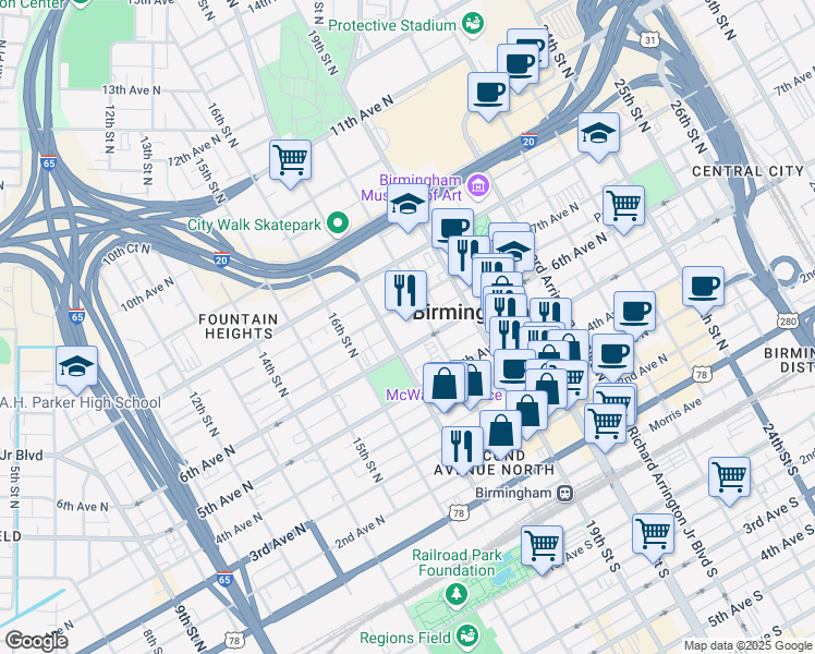 map of restaurants, bars, coffee shops, grocery stores, and more near 600 18th Street North in Birmingham