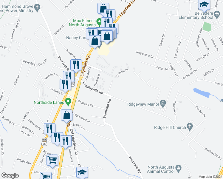 map of restaurants, bars, coffee shops, grocery stores, and more near 119 Chalet North Court in North Augusta