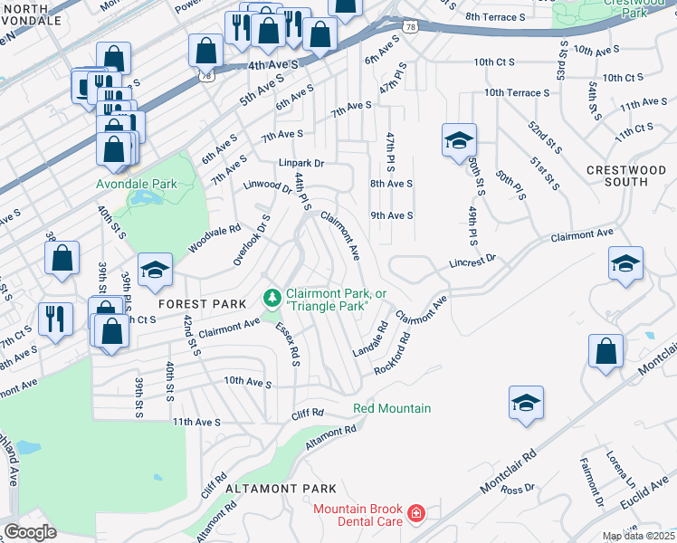 map of restaurants, bars, coffee shops, grocery stores, and more near 801 Linwood Road in Birmingham