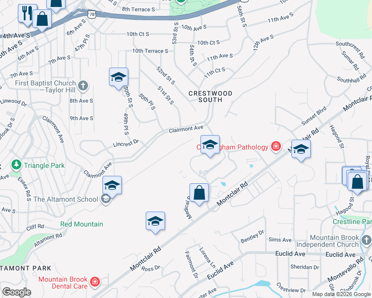 map of restaurants, bars, coffee shops, grocery stores, and more near 5013 Altamont Road South in Birmingham