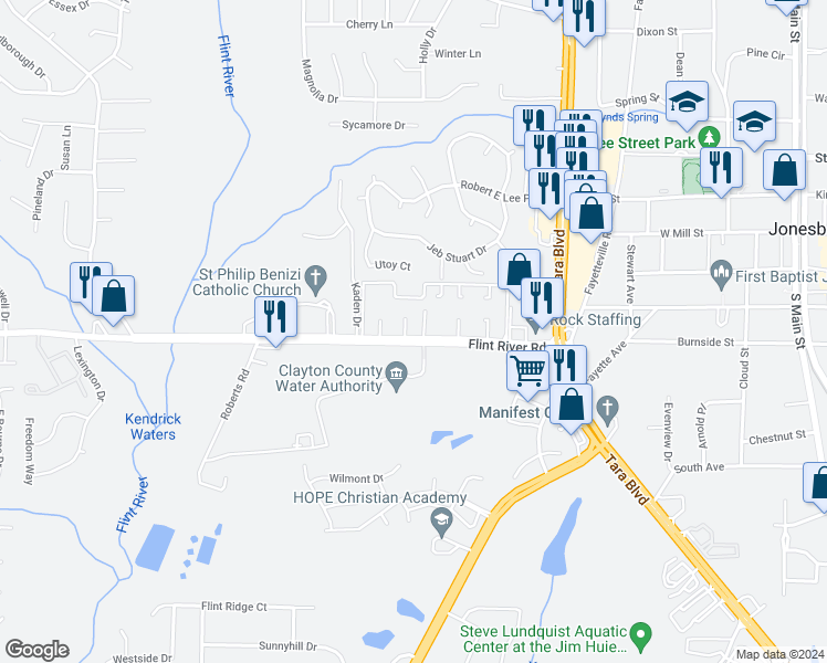 map of restaurants, bars, coffee shops, grocery stores, and more near 17 Flint River Road in Jonesboro