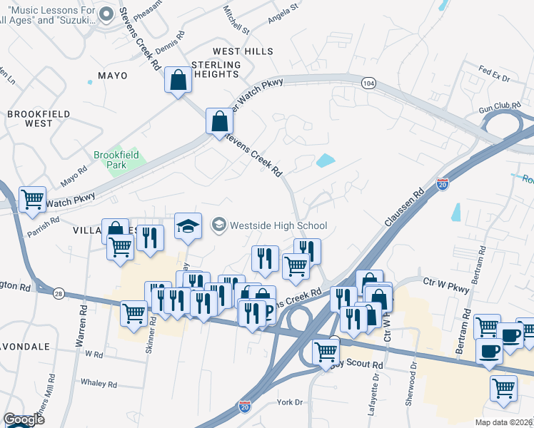 map of restaurants, bars, coffee shops, grocery stores, and more near 1207 Kendal Court in Augusta