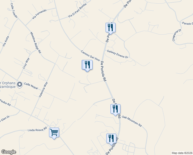 map of restaurants, bars, coffee shops, grocery stores, and more near 36520 Vía Verde in Temecula