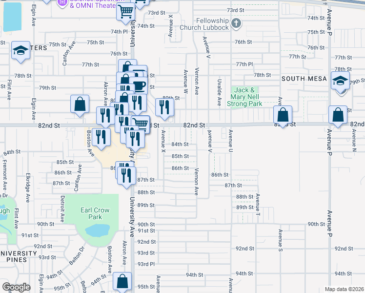 map of restaurants, bars, coffee shops, grocery stores, and more near 2218 85th Street in Lubbock