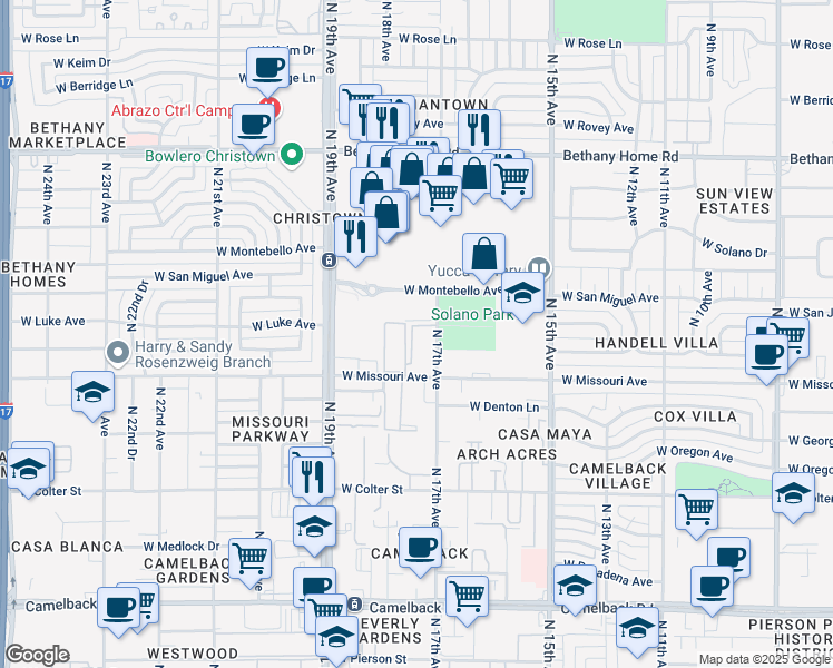 map of restaurants, bars, coffee shops, grocery stores, and more near 1708 West Missouri Avenue in Phoenix