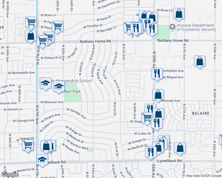 map of restaurants, bars, coffee shops, grocery stores, and more near 5517 North 62nd Avenue in Glendale