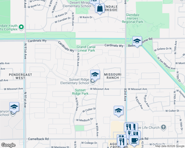 map of restaurants, bars, coffee shops, grocery stores, and more near 5651 North 86th Avenue in Glendale
