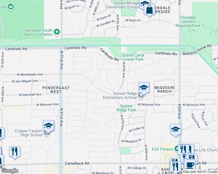 map of restaurants, bars, coffee shops, grocery stores, and more near Luke Avenue in Glendale