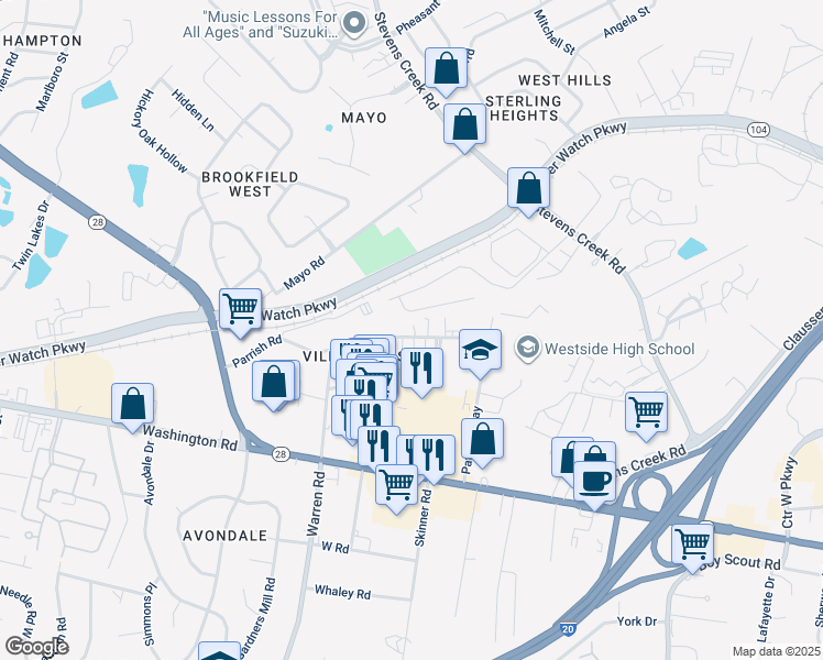 map of restaurants, bars, coffee shops, grocery stores, and more near 1005 Grayling Street in Augusta