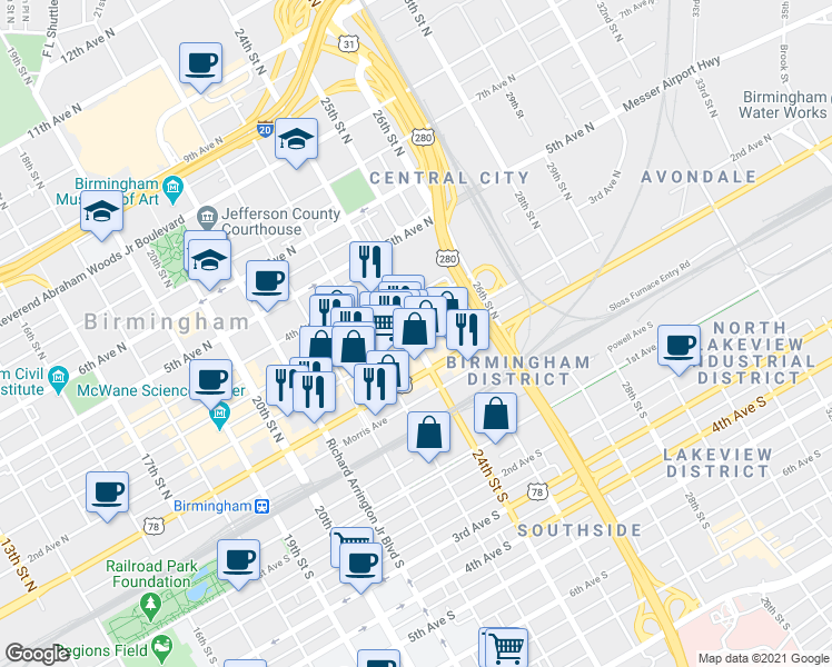 map of restaurants, bars, coffee shops, grocery stores, and more near 109 24th Street North in Birmingham