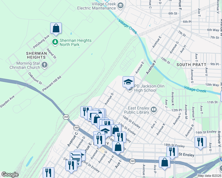 map of restaurants, bars, coffee shops, grocery stores, and more near 1410 Avenue D in Birmingham