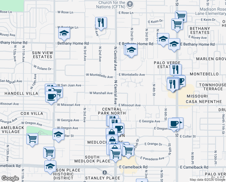 map of restaurants, bars, coffee shops, grocery stores, and more near 17 West Marshall Avenue in Phoenix