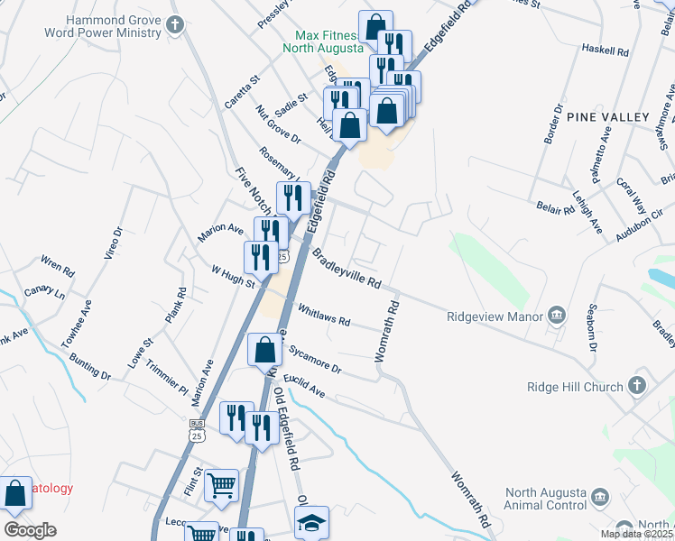 map of restaurants, bars, coffee shops, grocery stores, and more near 311 Whitlaws Road in North Augusta