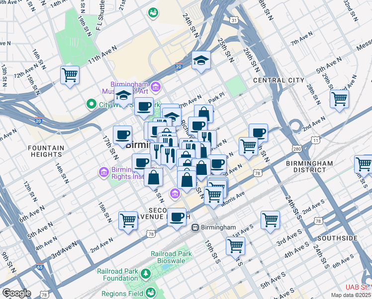 map of restaurants, bars, coffee shops, grocery stores, and more near 420 20th Street North in Birmingham