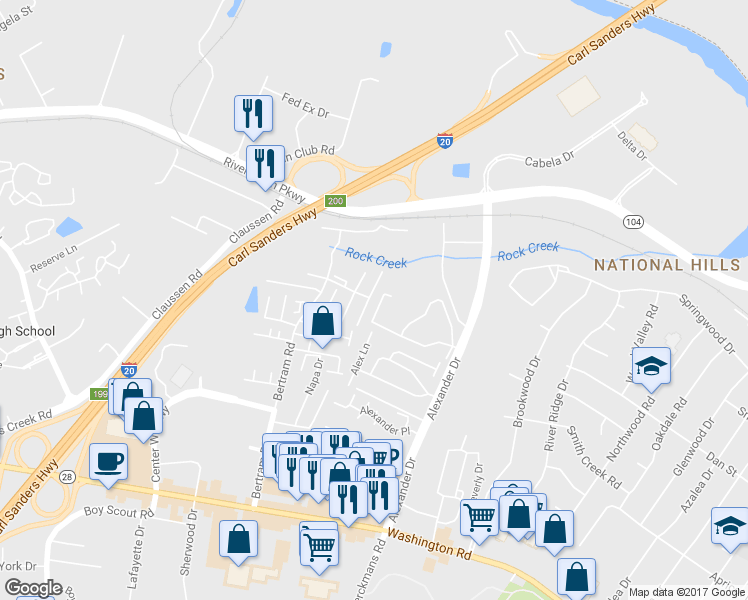 map of restaurants, bars, coffee shops, grocery stores, and more near 2002 Destin Lane in Augusta