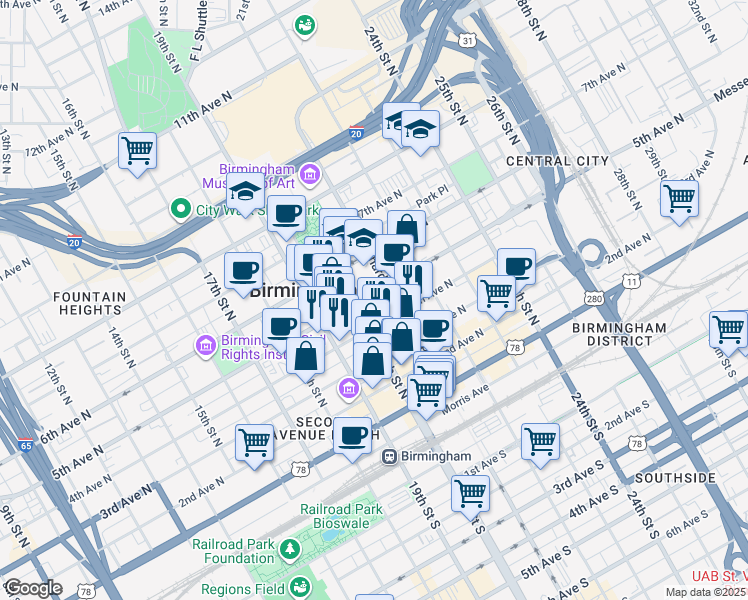 map of restaurants, bars, coffee shops, grocery stores, and more near 420 20th Street North in Birmingham