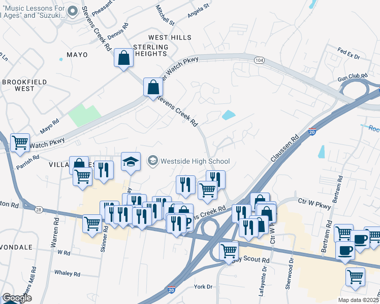 map of restaurants, bars, coffee shops, grocery stores, and more near 1017 Stevens Creek Road in Augusta