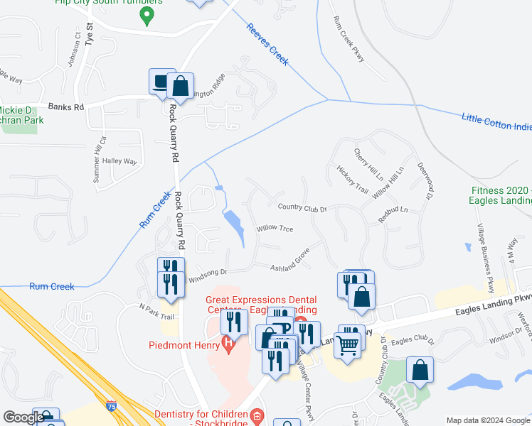 map of restaurants, bars, coffee shops, grocery stores, and more near 114 Ashwood Court in Stockbridge