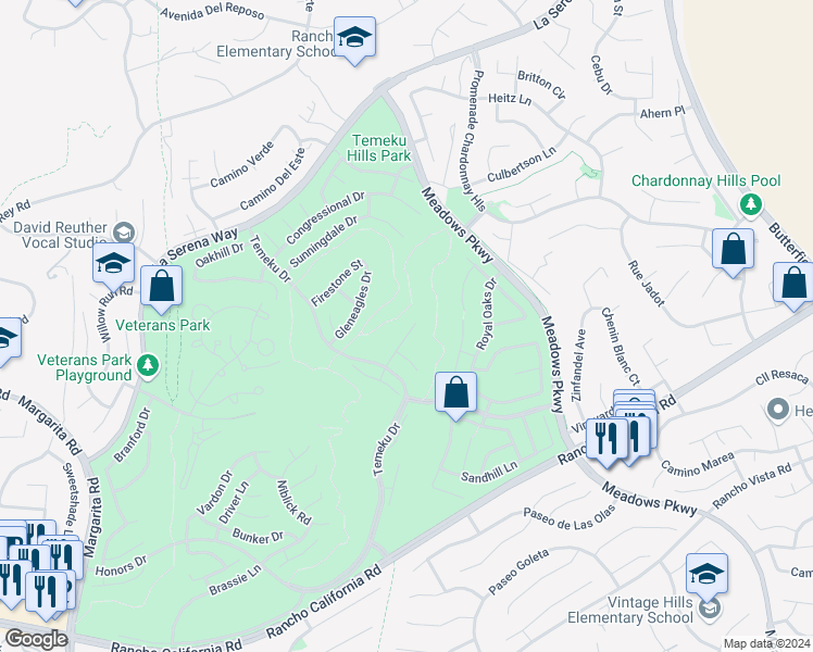 map of restaurants, bars, coffee shops, grocery stores, and more near 31458 Inverness Court in Temecula